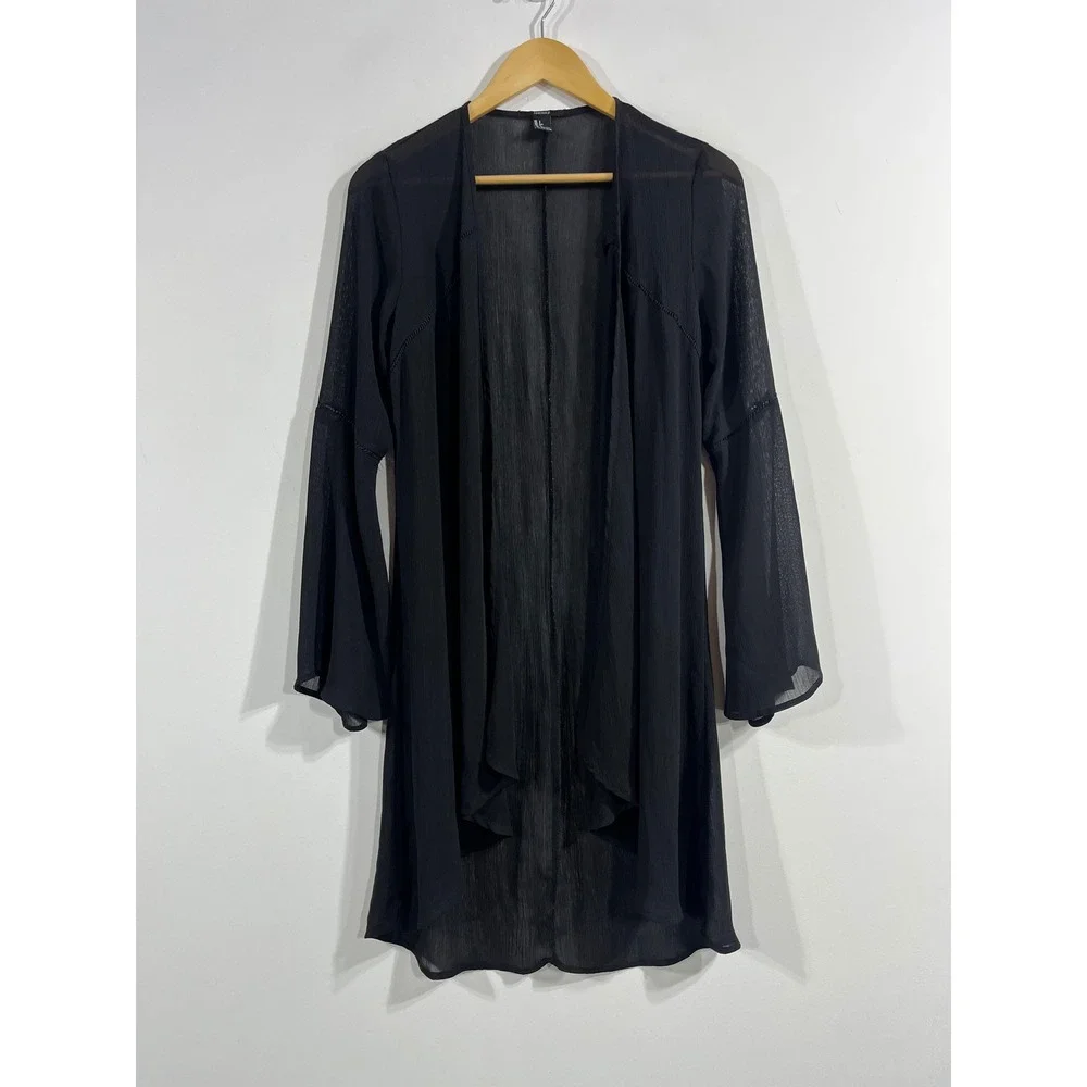 Forever 21 Y2K Black Sheer Bell Sleeve Open Front Longline Kimono Small Witchy